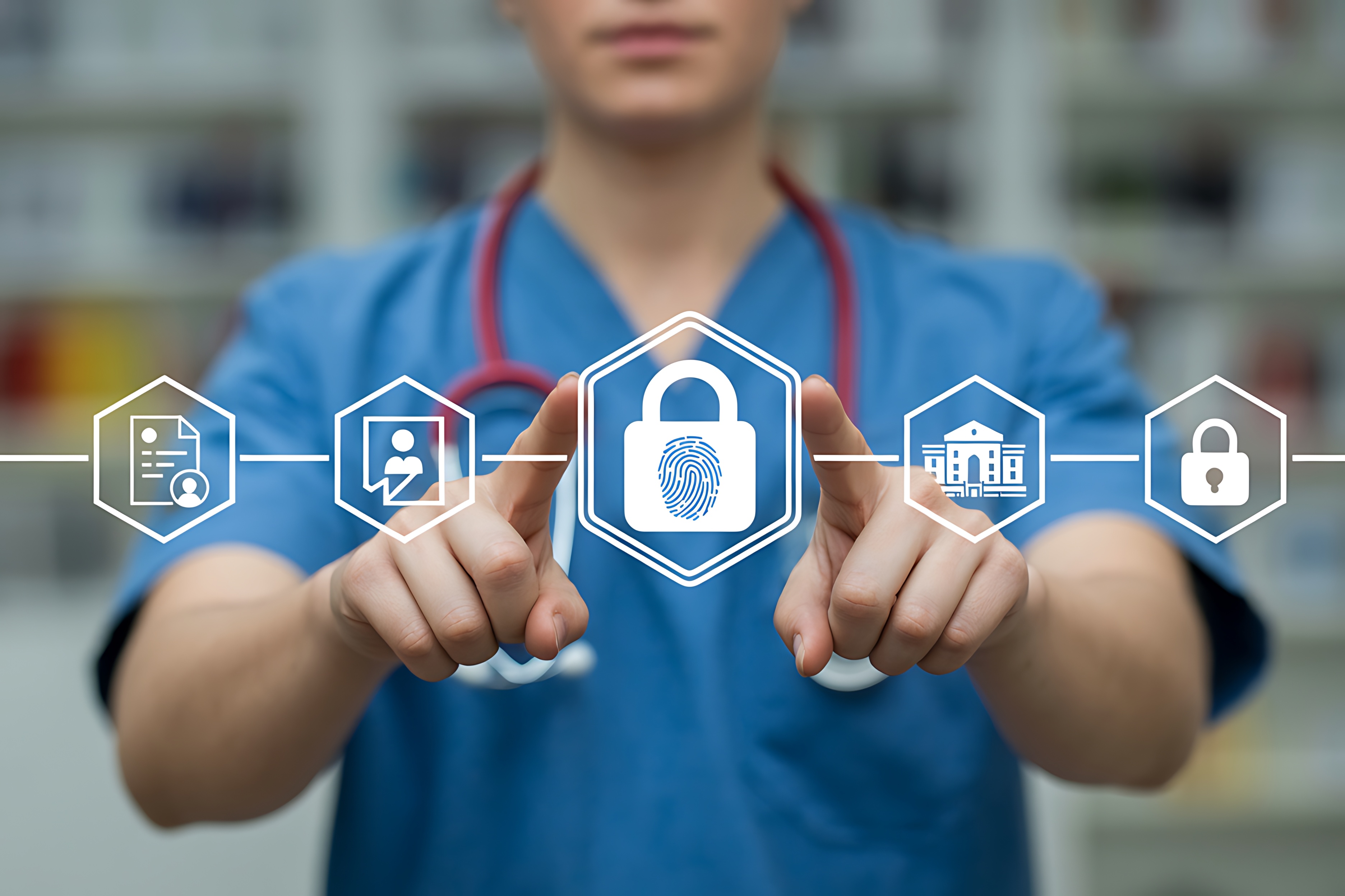 Healthcare professional holding digital security icons with futuristic data protection and medical technology concept