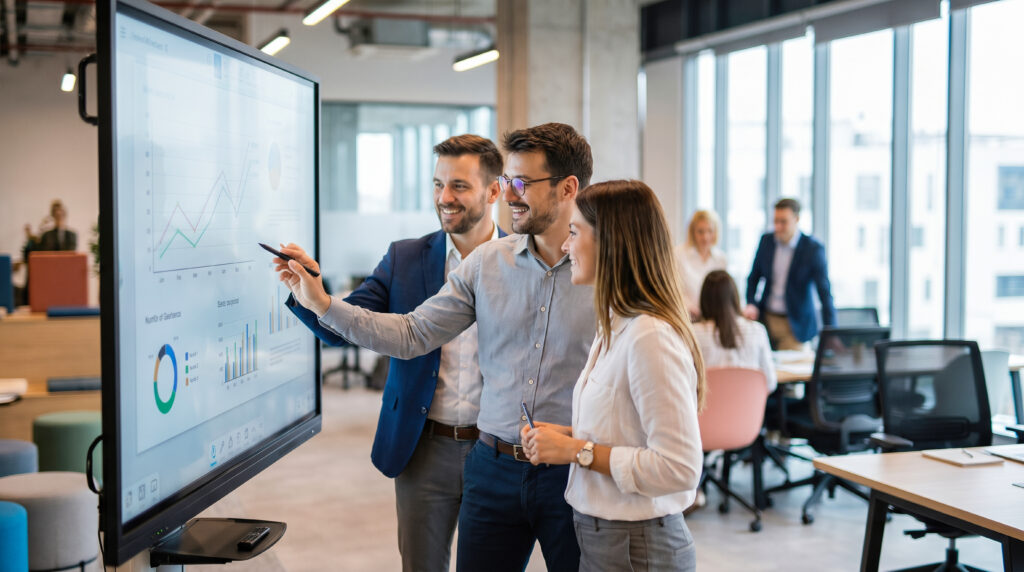 Happy diverse corporate business team analyzing complex financial data charts on large interactive digital whiteboard during creative modern office strategy meeting Designed by drobotdean